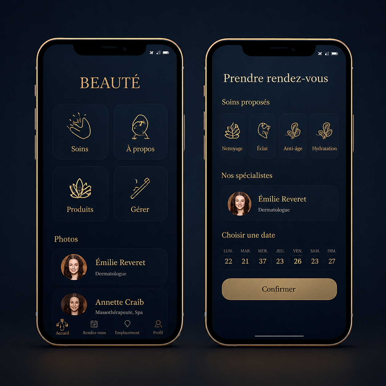 Mockups de l'application mobile Myrendevoo sur deux smartphones
