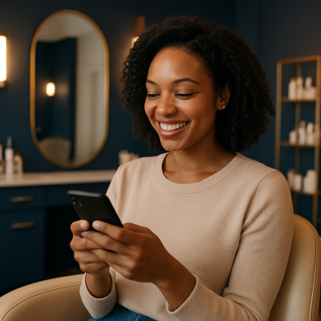 Cliente utilisant l'application Myrendevoo dans un salon de beauté moderne